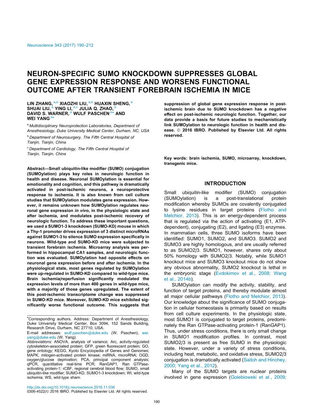 Neuron-Specific Sumo Knockdown Suppresses Global Gene Expression Response and Worsens Functional Outcome After Transient Forebrain Ischemia in Mice