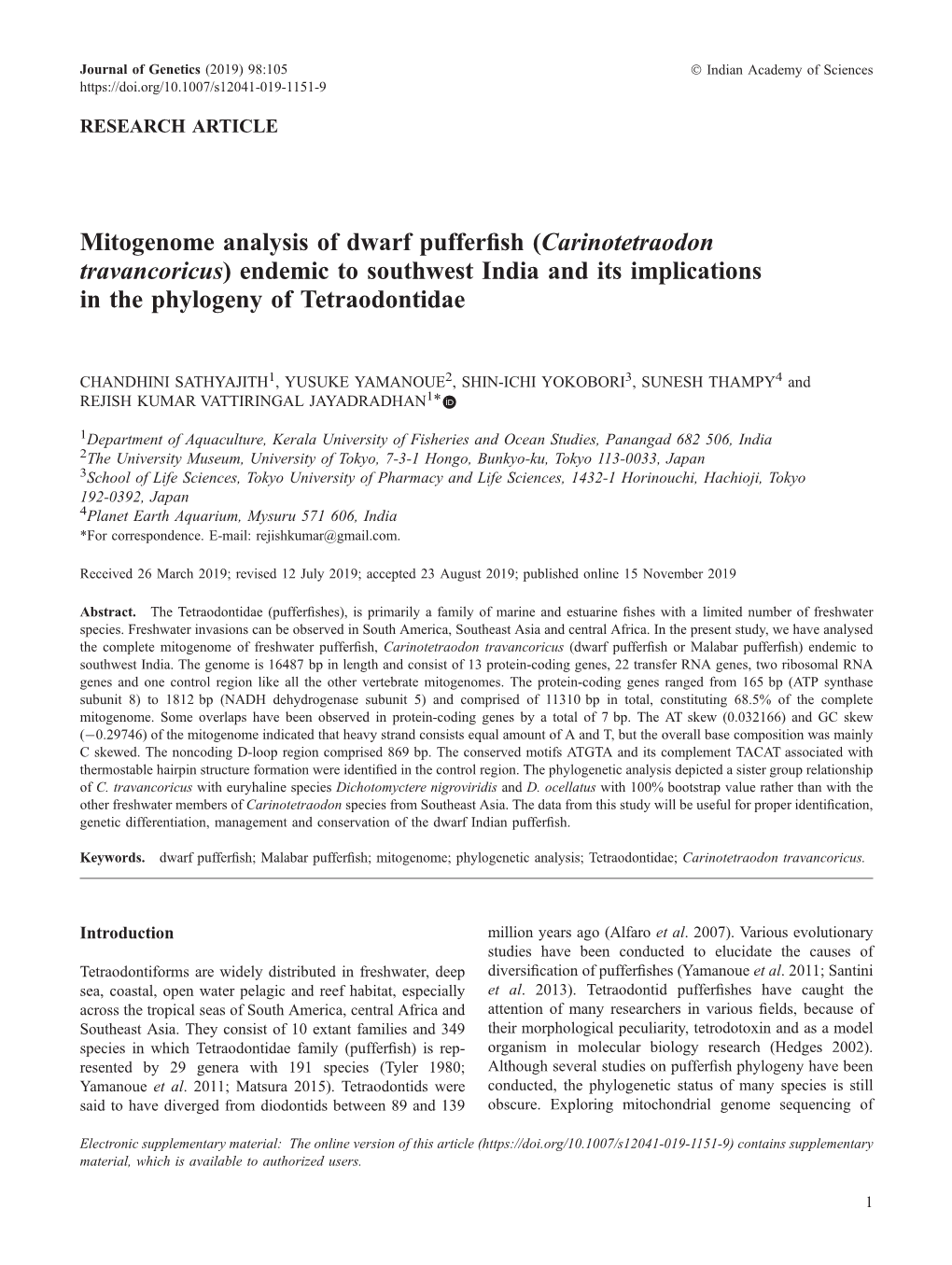 Carinotetraodon Travancoricus) Endemic to Southwest India and Its Implications in the Phylogeny of Tetraodontidae