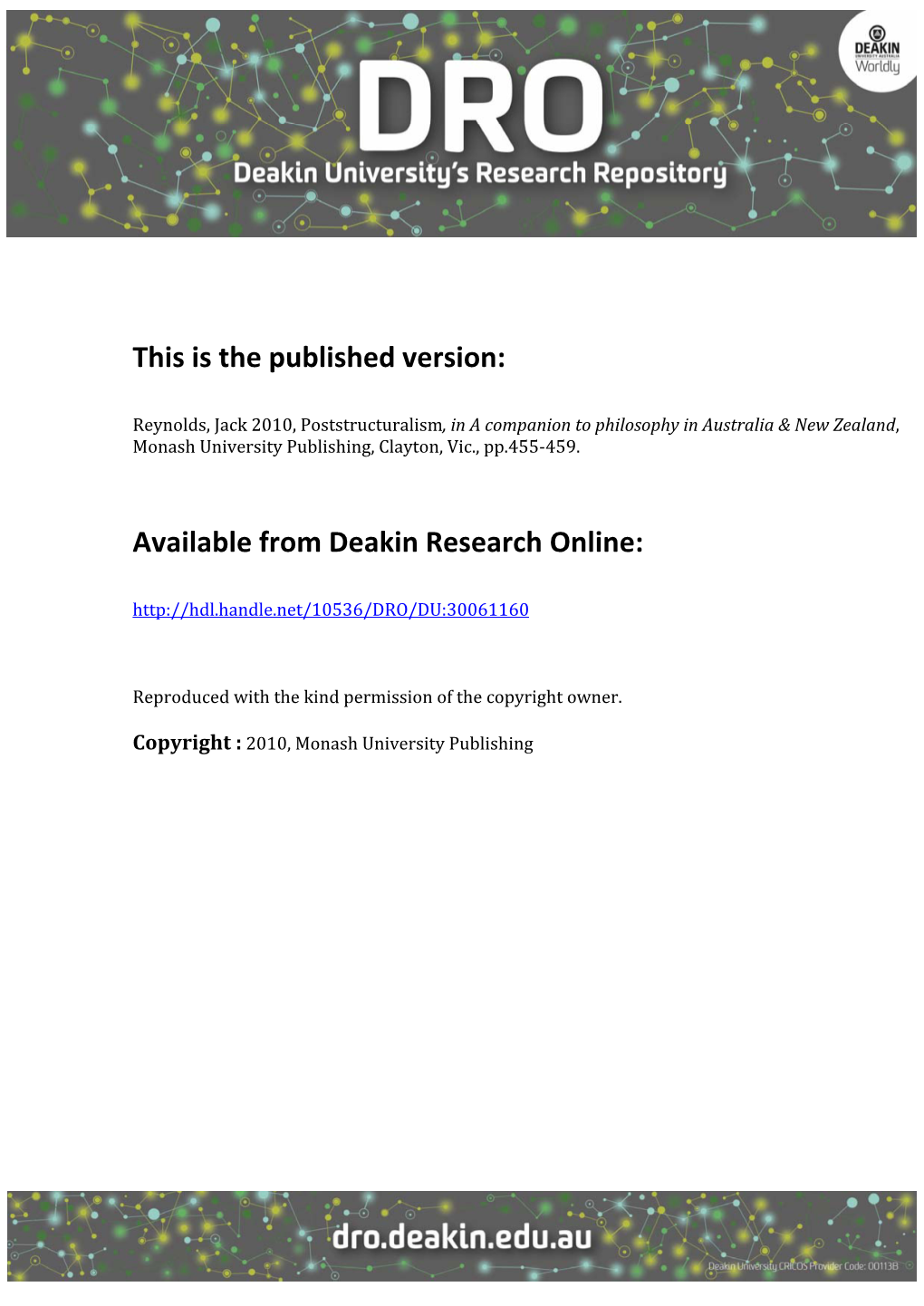 Poststructuralism, in a Companion to Philosophy in Australia & New Zealand, Monash University Publishing, Clayton, Vic., Pp.455‐459