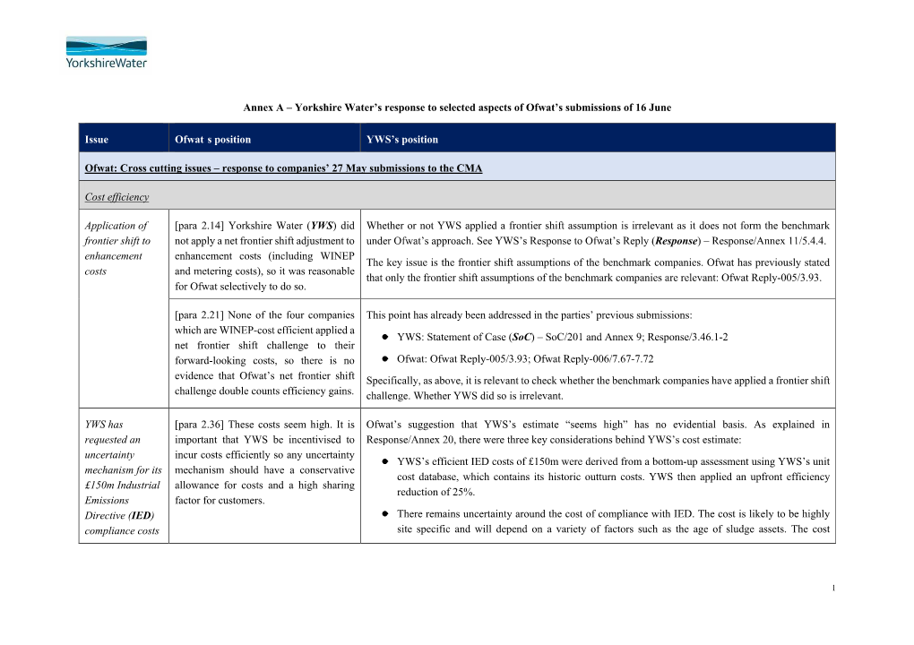 Yorkshire Water’S Response to Selected Aspects of Ofwat’S Submissions of 16 June