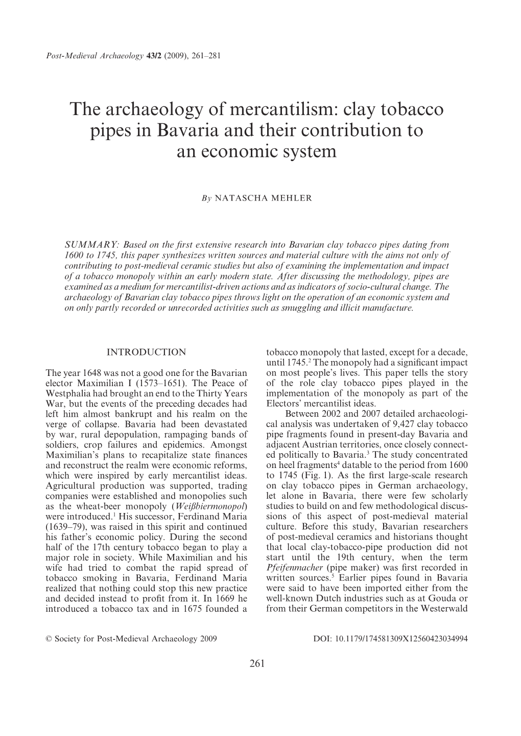 The Archaeology of Mercantilism: Clay Tobacco Pipes in Bavaria and Their Contribution to an Economic System