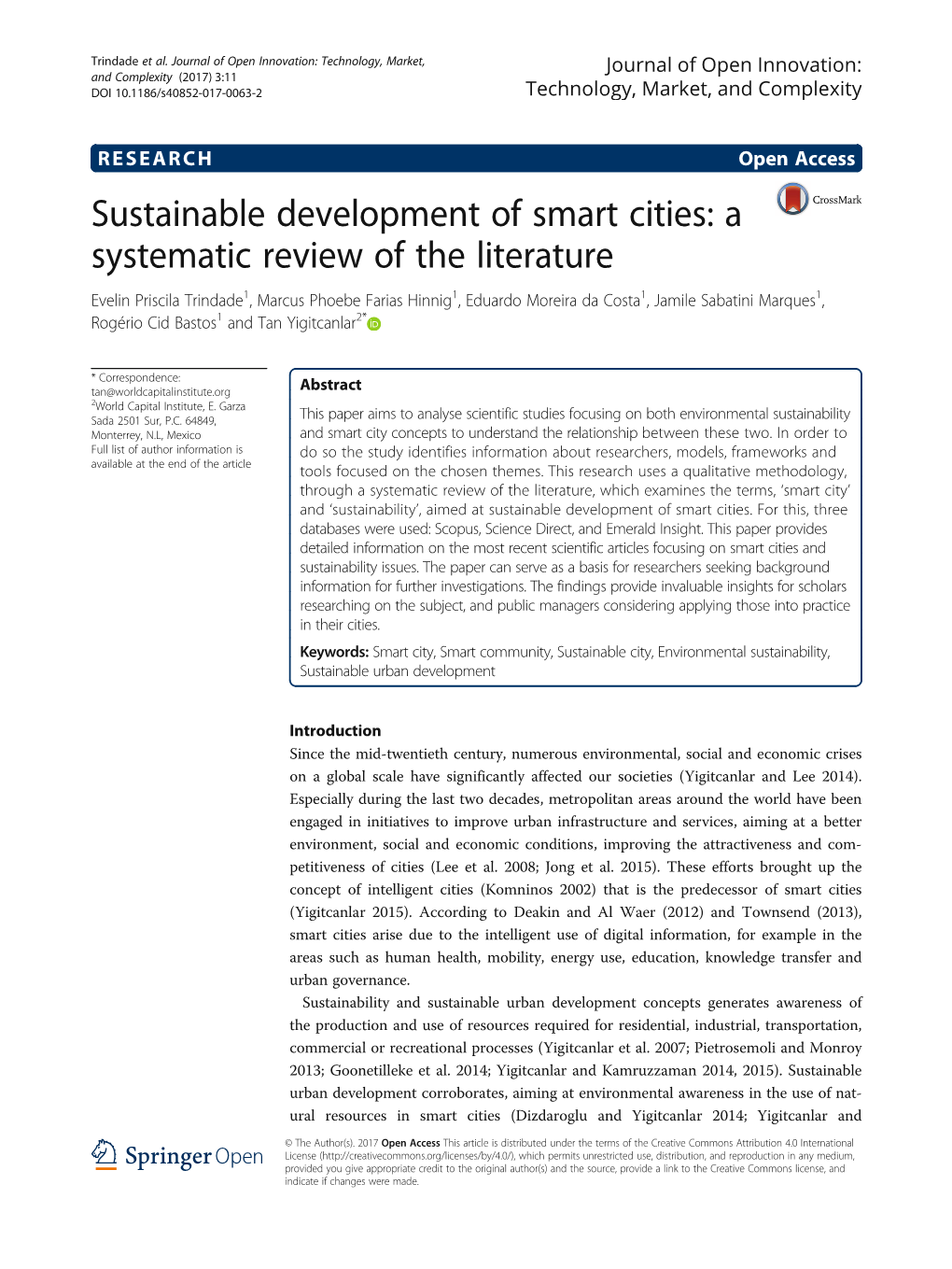Sustainable Development of Smart Cities: a Systematic Review of the Literature