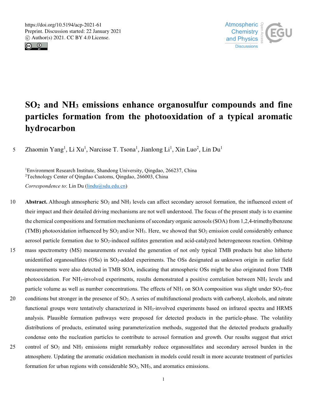 SO2 and NH3 Emissions Enhance Organosulfur Compounds and Fine Particles Formation from the Photooxidation of a Typical Aromatic Hydrocarbon