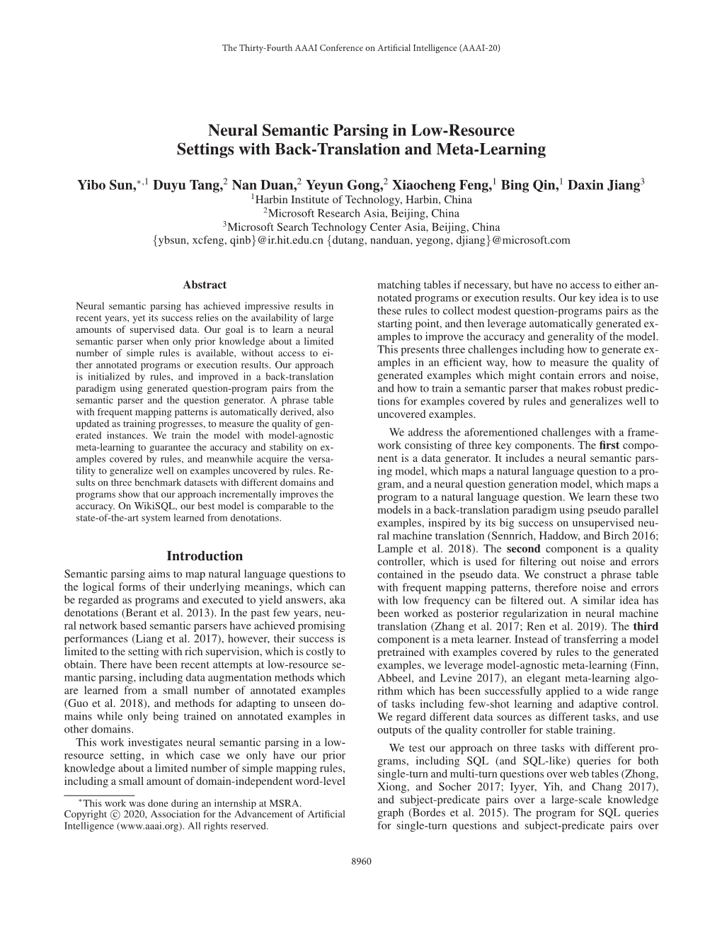 Neural Semantic Parsing in Low-Resource Settings with Back-Translation and Meta-Learning