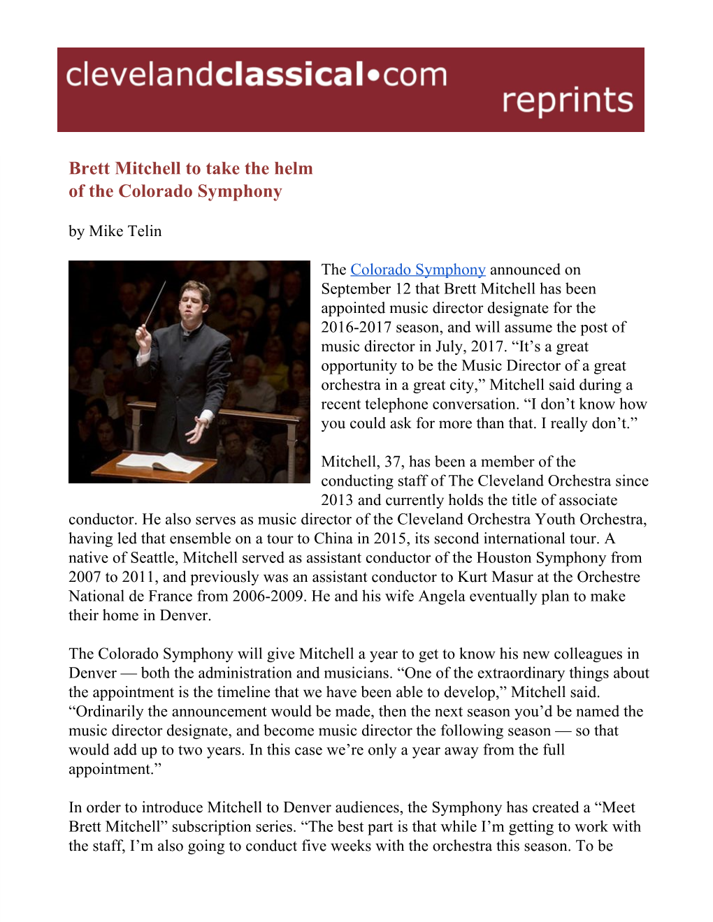 Brett Mitchell to Take the Helm of the Colorado Symphony by Mike Telin