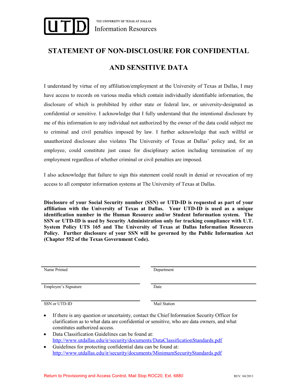 Statement of Non-Disclosure for Confidential and Sensitive Data