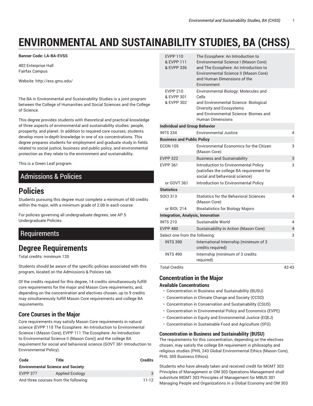 Environmental and Sustainability Studies, BA (CHSS) 1