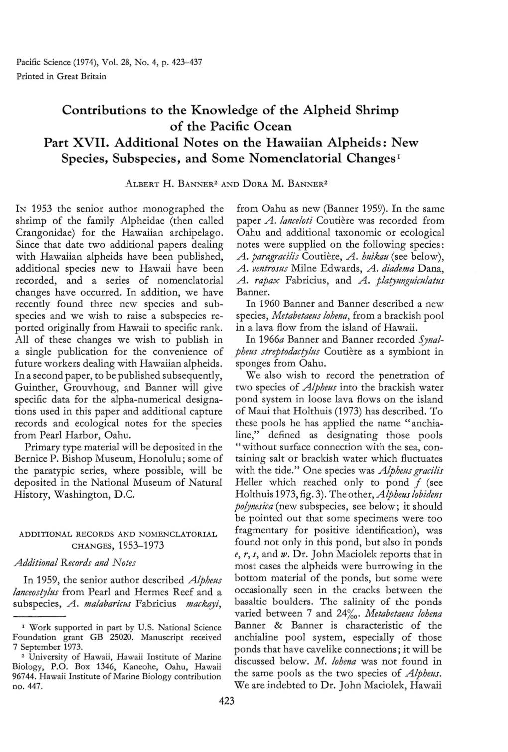 Contributions to the Knowledge of the Alpheid Shrimp of the Pacific Ocean Part XVII. Additional Notes on the Hawaiian Alpheids