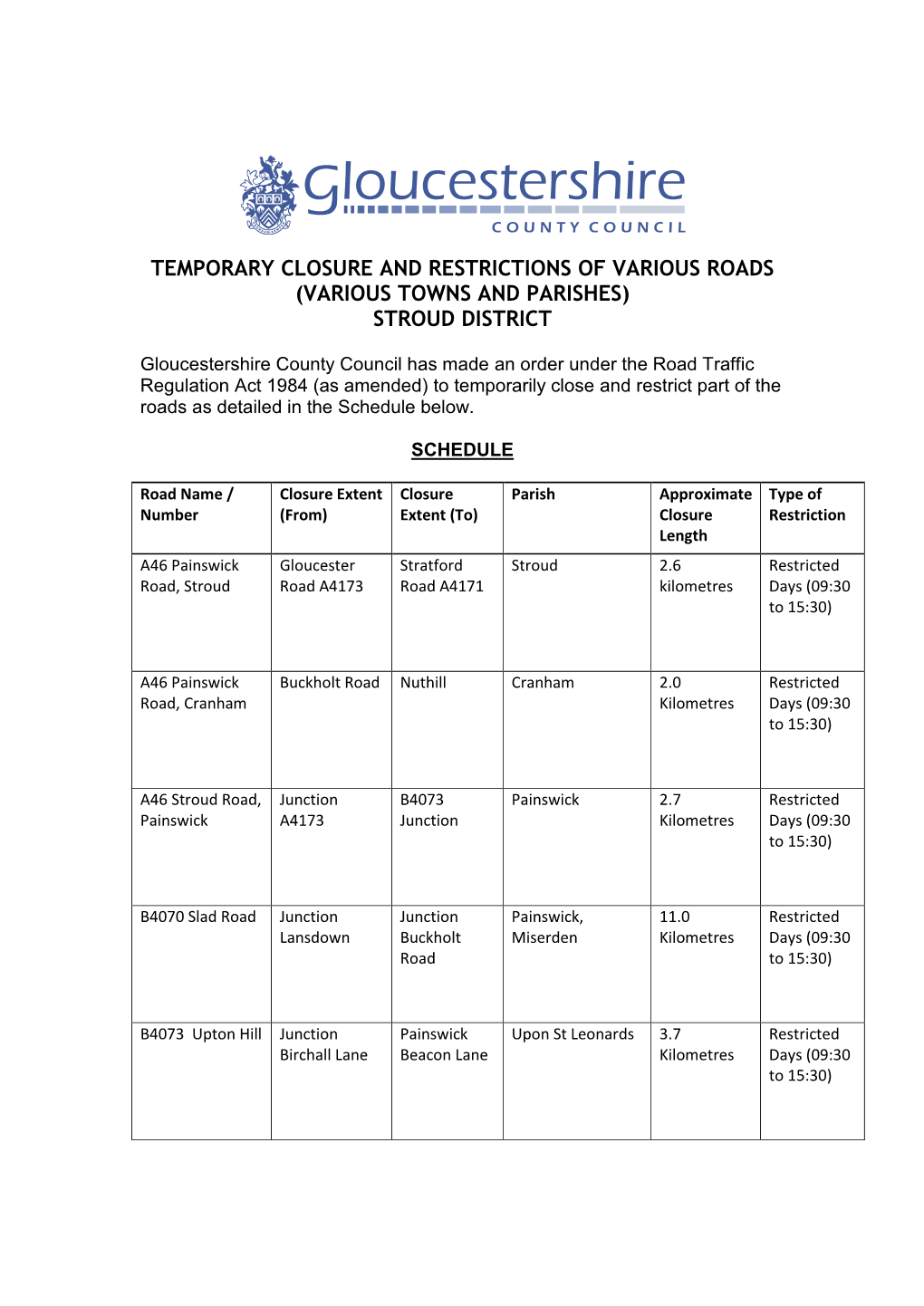 Various Road Closures