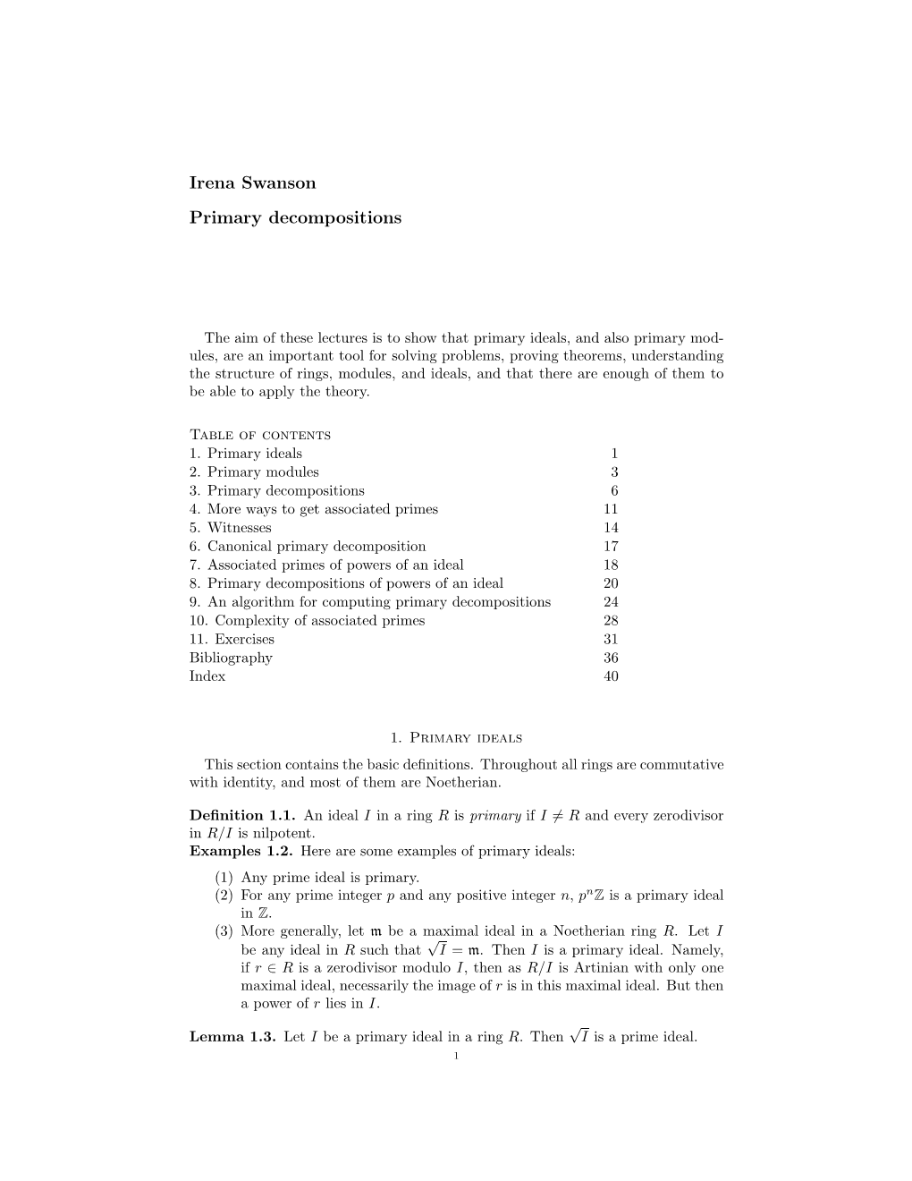 Irena Swanson Primary Decompositions