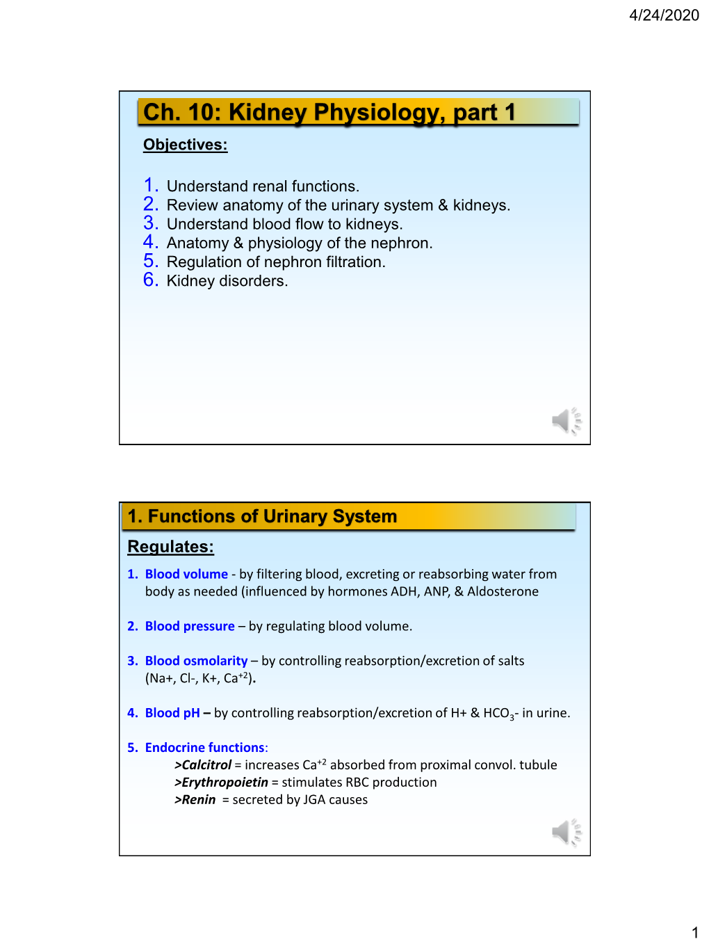 Kidney Physiology, Part 1 Objectives