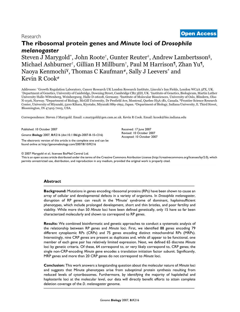 The Ribosomal Protein Genes and Minute Loci of Drosophila