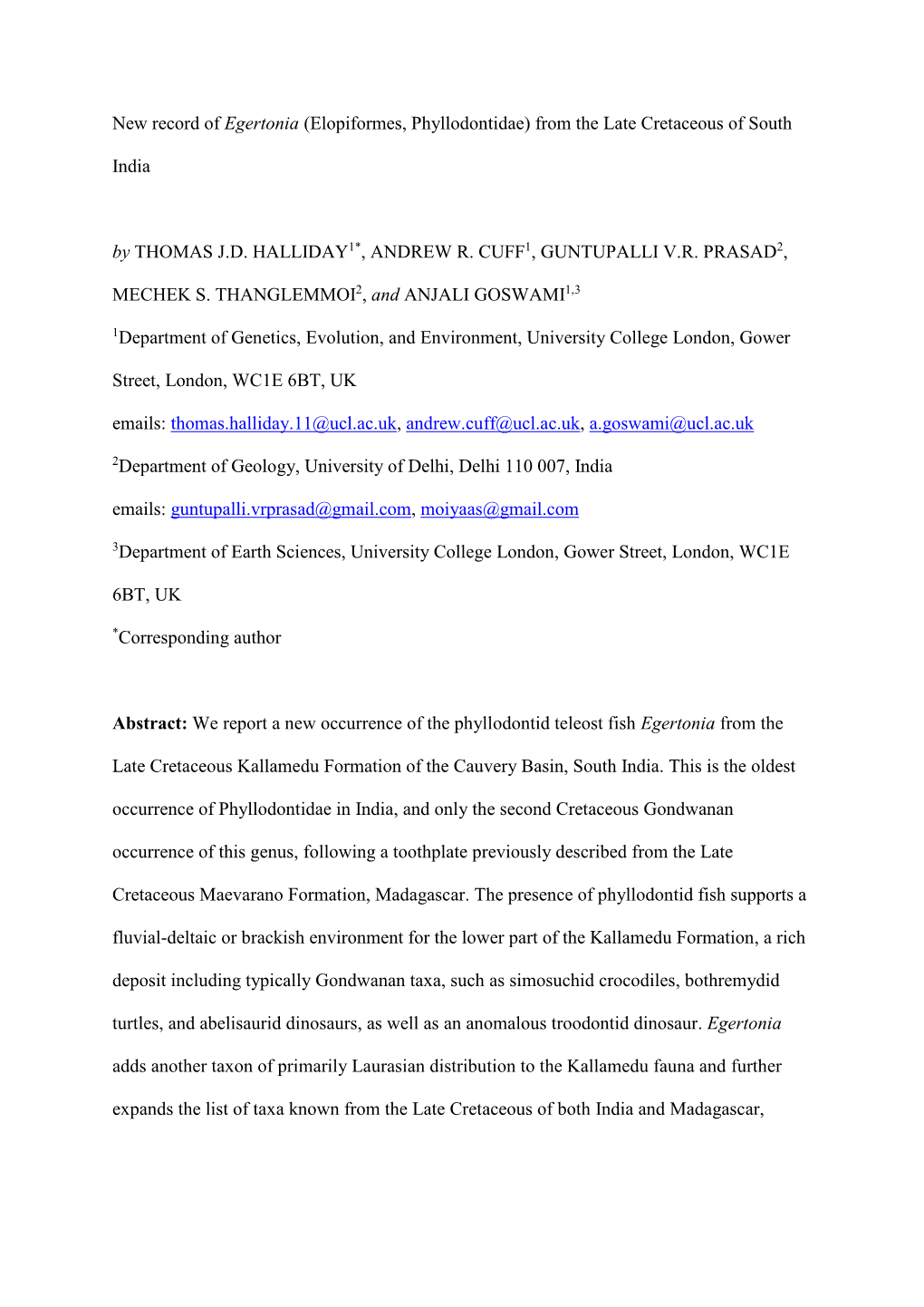 New Record of Egertonia (Elopiformes, Phyllodontidae) from the Late Cretaceous of South