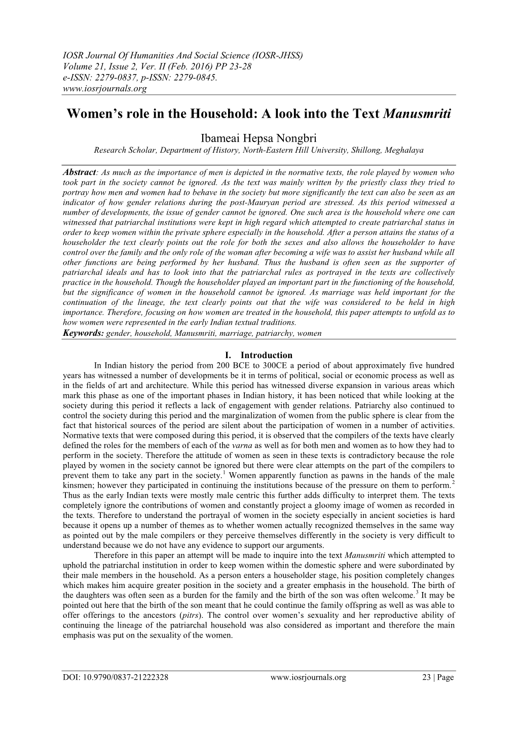 Women's Role in the Household: a Look Into the Text Manusmriti