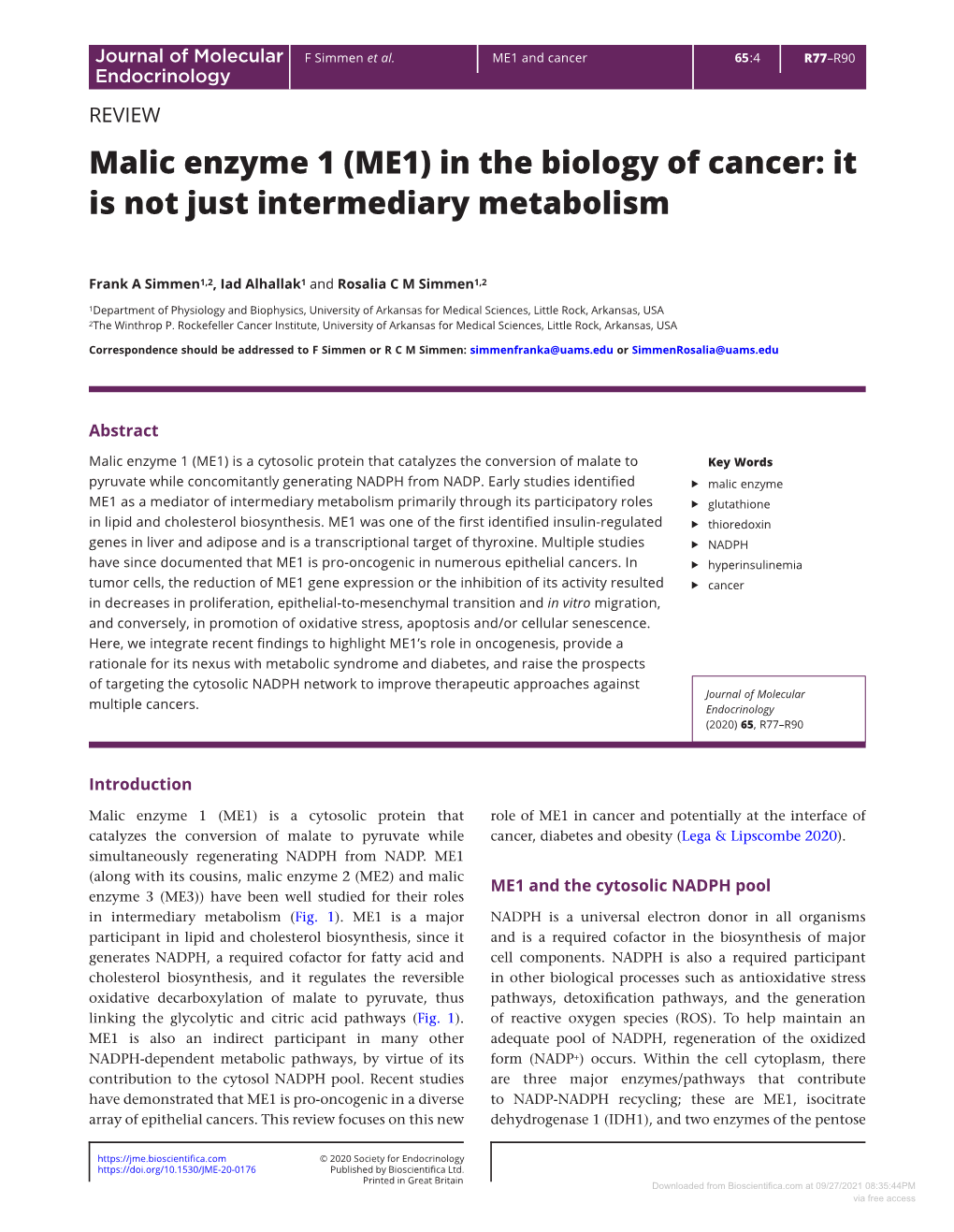 Malic Enzyme 1 (ME1) in the Biology of Cancer: It Is Not Just Intermediary Metabolism