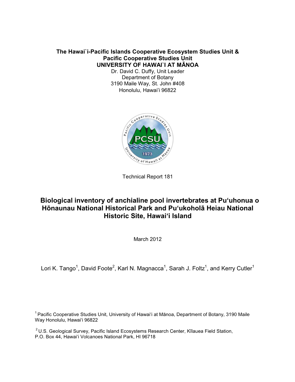 Biological Inventory of Anchialine Pool Invertebrates at Pu'uhonua O