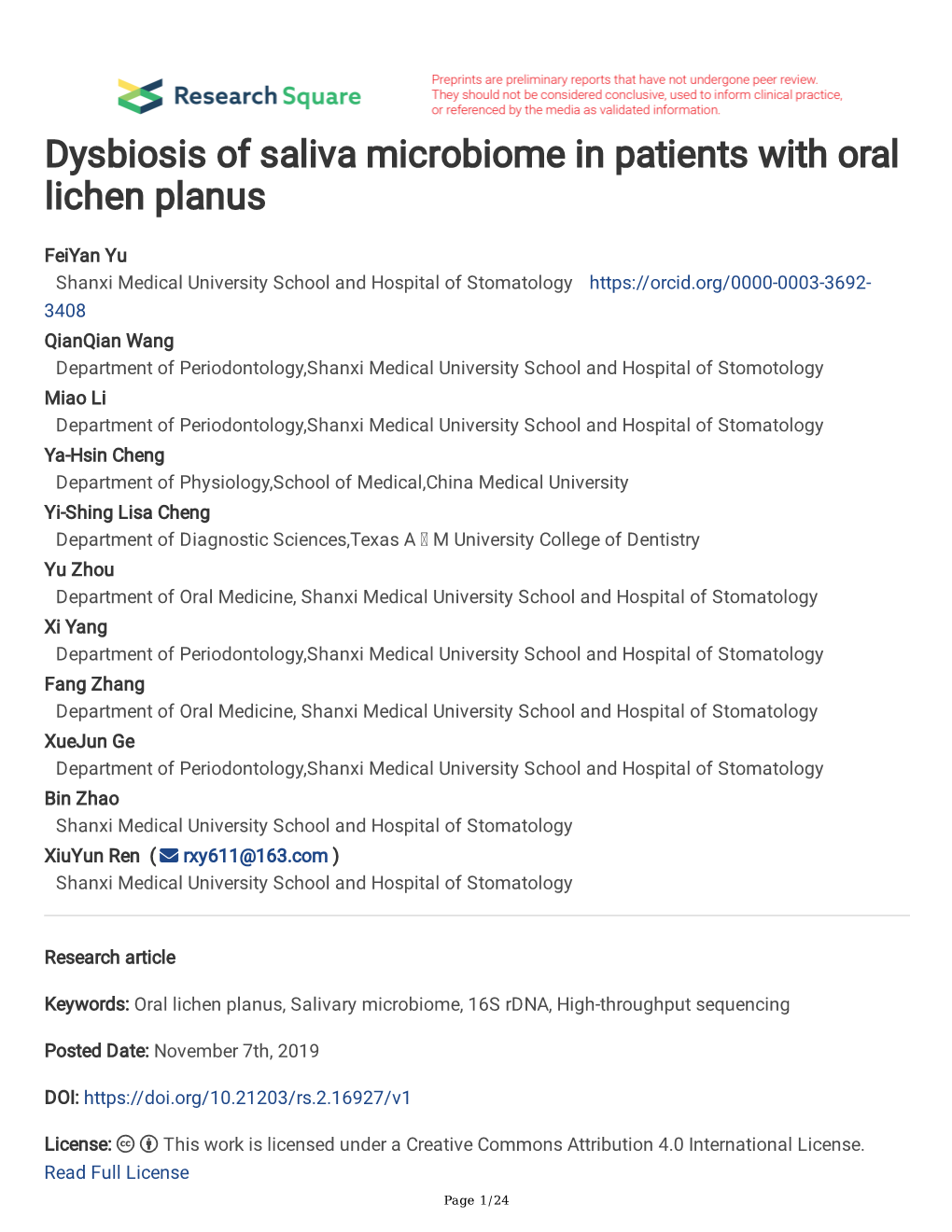 Dysbiosis of Saliva Microbiome in Patients with Oral Lichen Planus