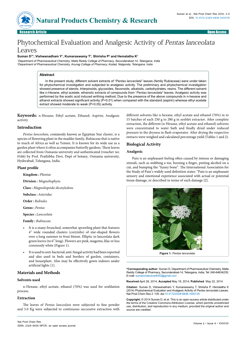 Phytochemical Evaluation and Analgesic Activity of Pentas