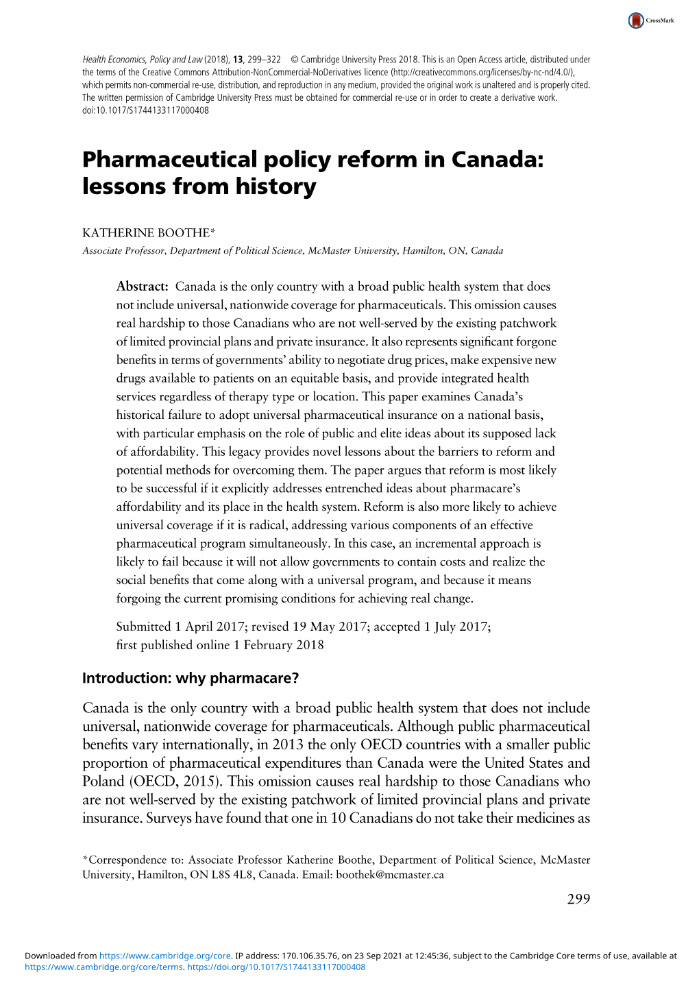 Pharmaceutical Policy Reform in Canada: Lessons from History