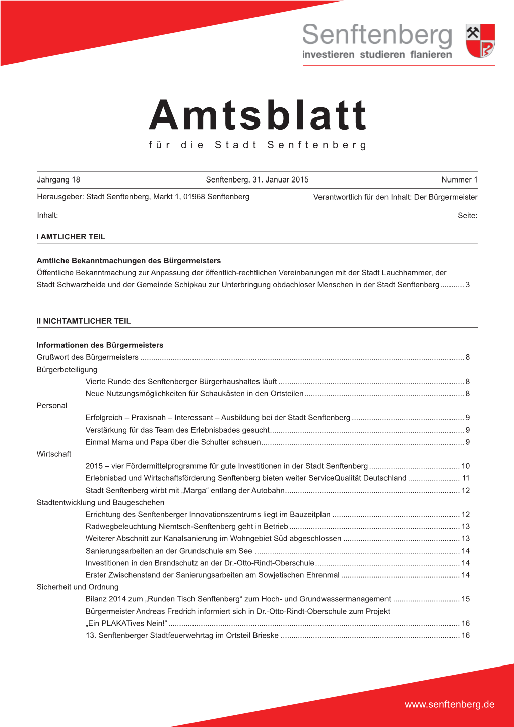 Amtsblatt Für Die Stadt Senftenberg – 1 – Jahrgang 18/Nummer 1