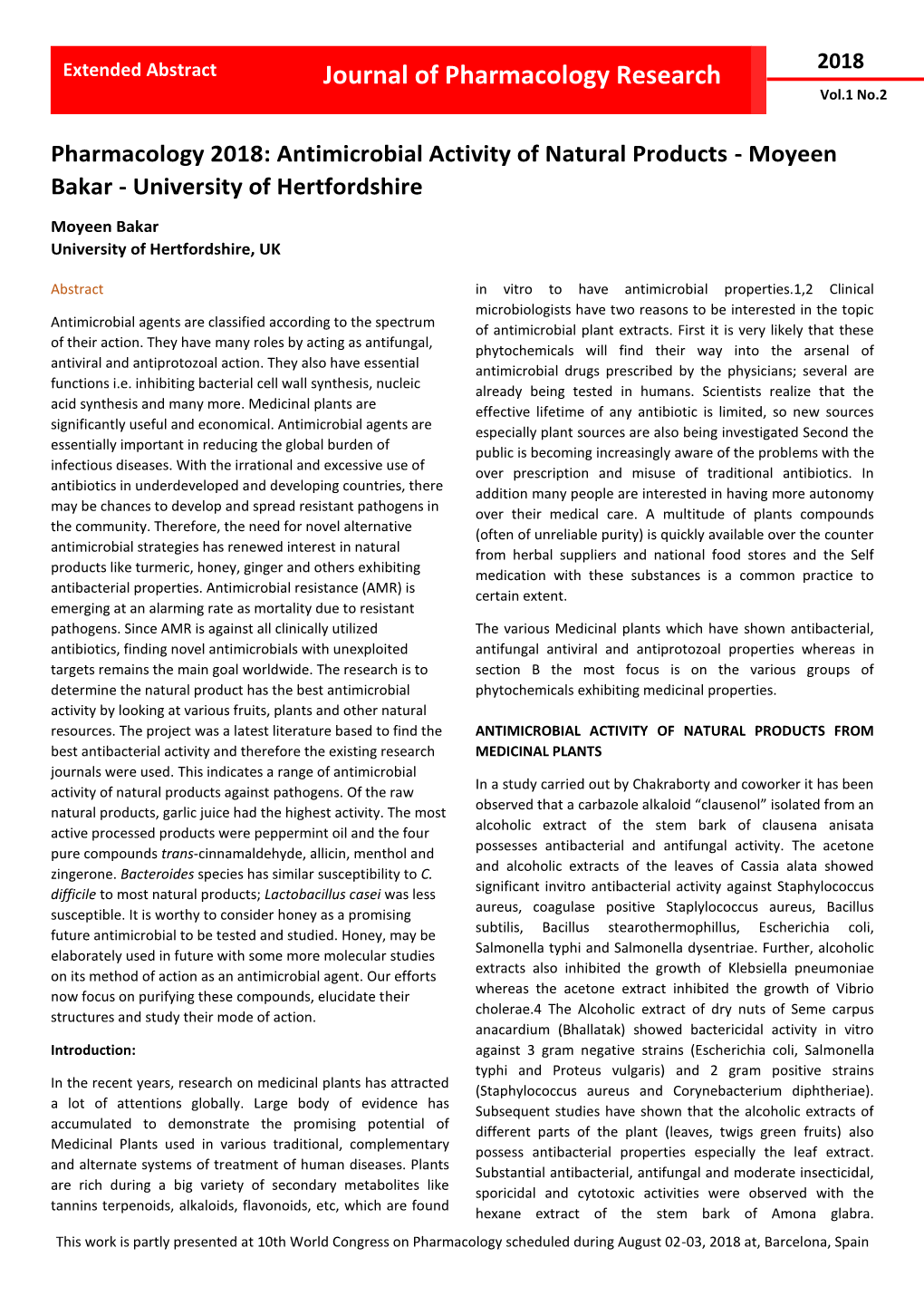 Pharmacology 2018: Antimicrobial Activity of Natural Products - Moyeen Bakar - University of Hertfordshire