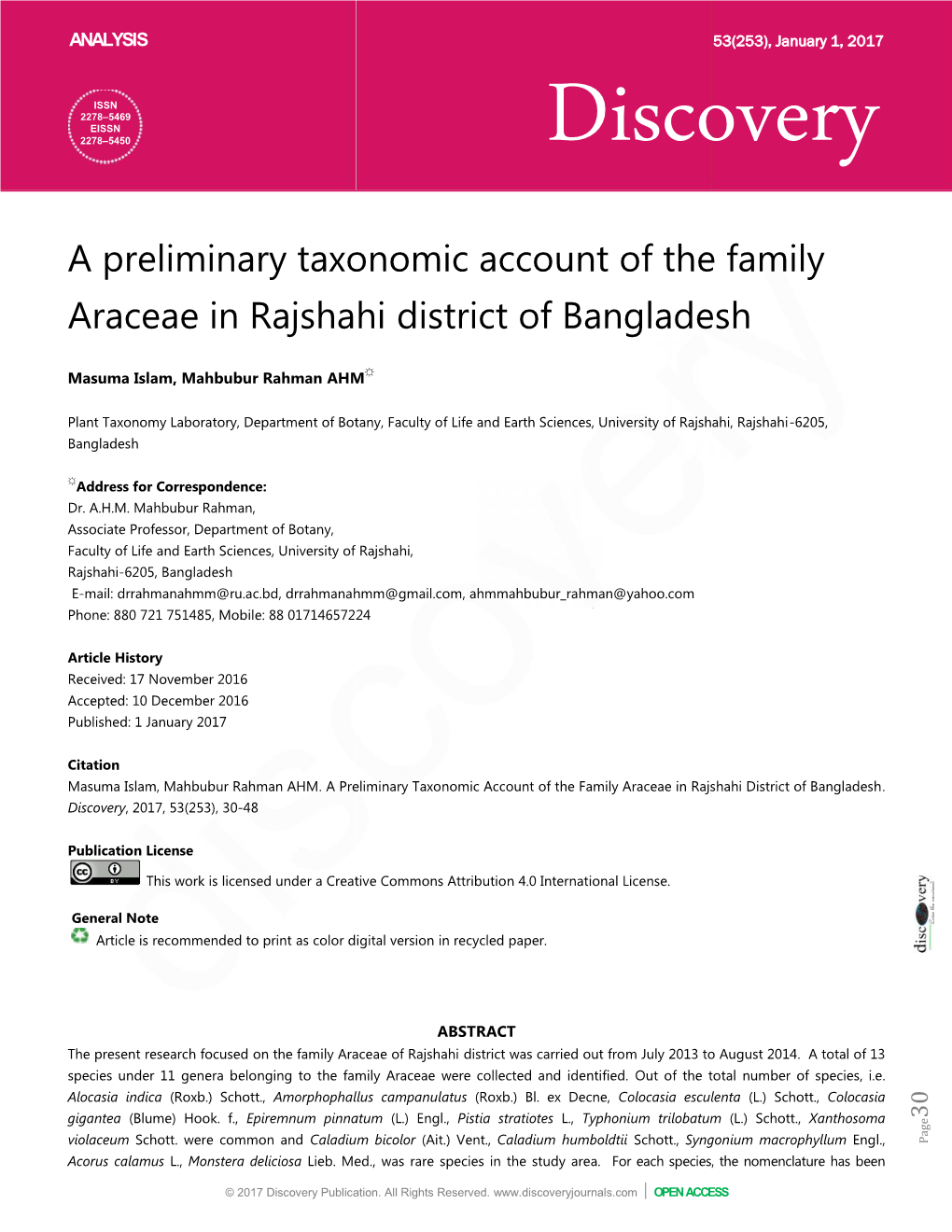 A Preliminary Taxonomic Acco Araceae in Rajshahi District of Minary