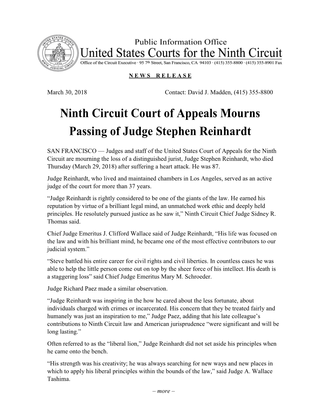 Ninth Circuit Court of Appeals Mourns Passing of Judge Stephen Reinhardt