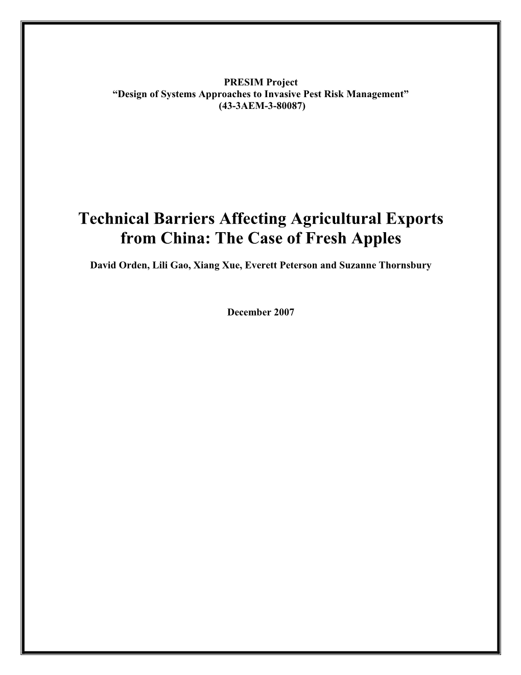 Technical Barriers Affecting Agricultural Exports from China: the Case of Fresh Apples