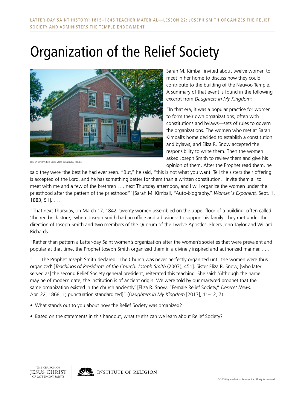 Organization of the Relief Society