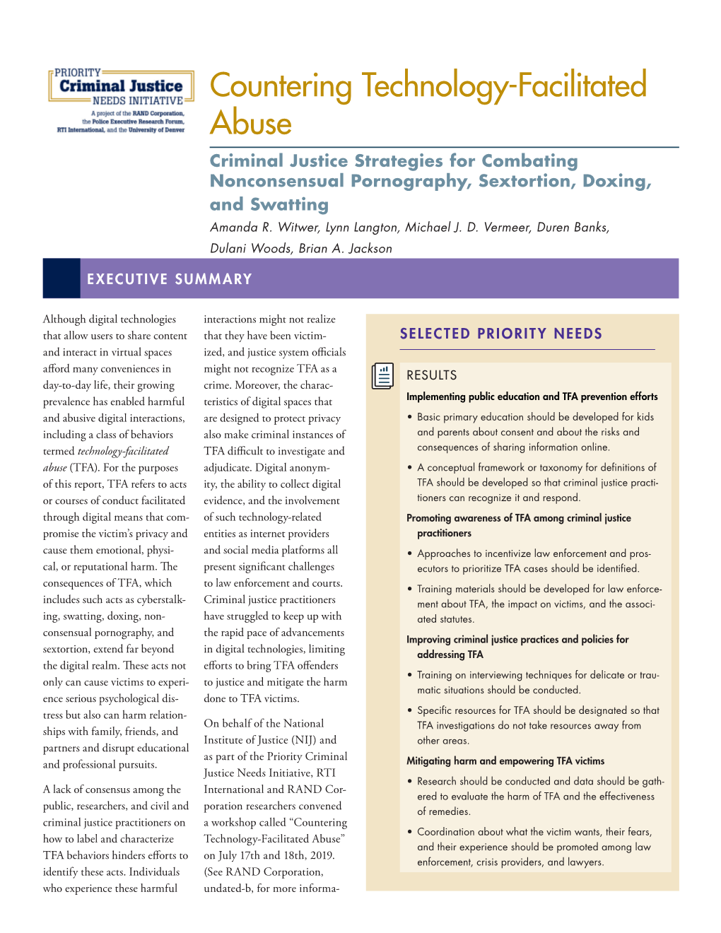 Countering Technology-Facilitated Abuse: Criminal Justice Strategies for Combating Nonconsensual Pornography, Sextortion, Doxing