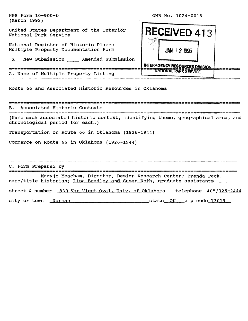 RECEIVED 41 National Register of Historic Places Multiple Property Documentation Form JAN 12(995 X New Submission Amended Submission