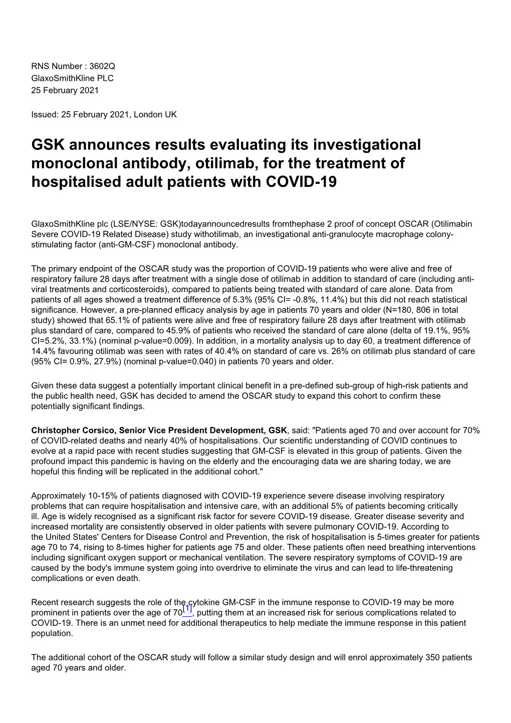 GSK Announces Results Evaluating Its Investigational Monoclonal Antibody, Otilimab, for the Treatment of Hospitalised Adult Patients with COVID-19