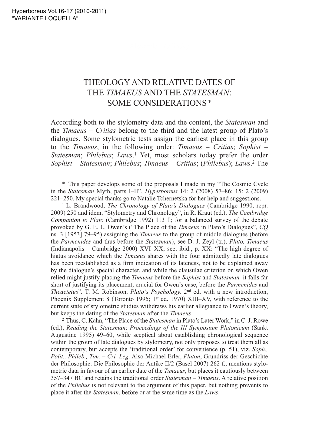 Theology and Relative Dates of the Timaeus and the Statesman: Some Considerations *