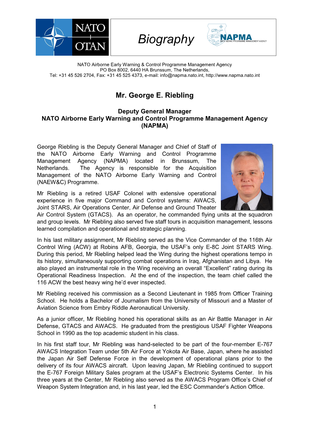 Click Here to View the Biography of Mr. George E. Riebling