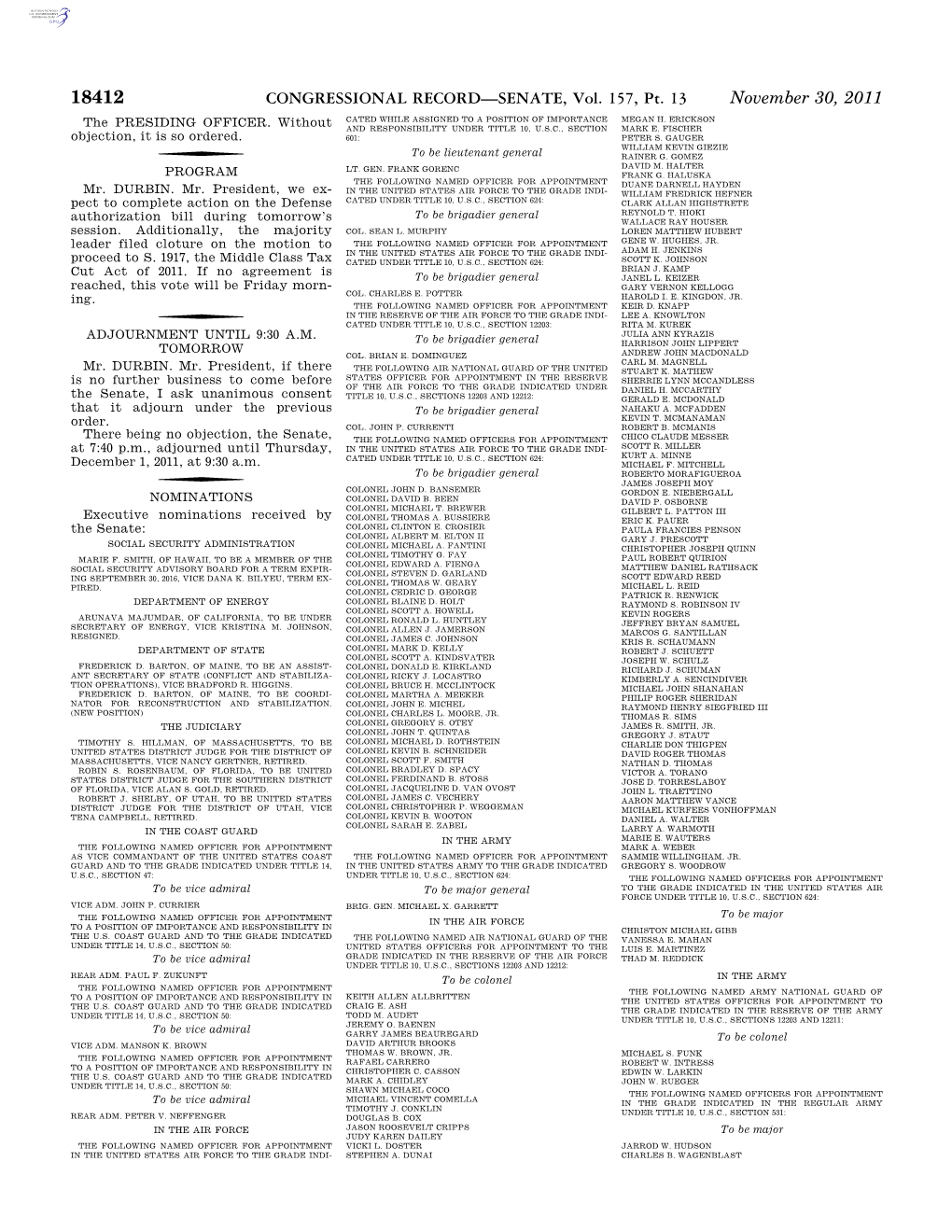 CONGRESSIONAL RECORD—SENATE, Vol. 157, Pt. 13 November 30, 2011 the PRESIDING OFFICER