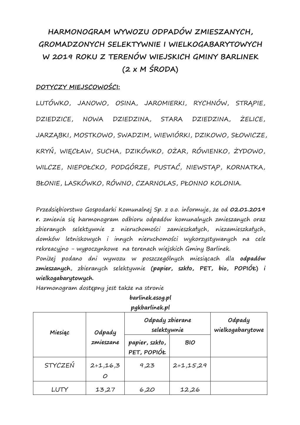 HARMONOGRAM WYWOZU ODPADÓW ZMIESZANYCH, GROMADZONYCH SELEKTYWNIE I WIELKOGABARYTOWYCH W 2019 ROKU Z TERENÓW WIEJSKICH GMINY BARLINEK (2 X M ŚRODA)