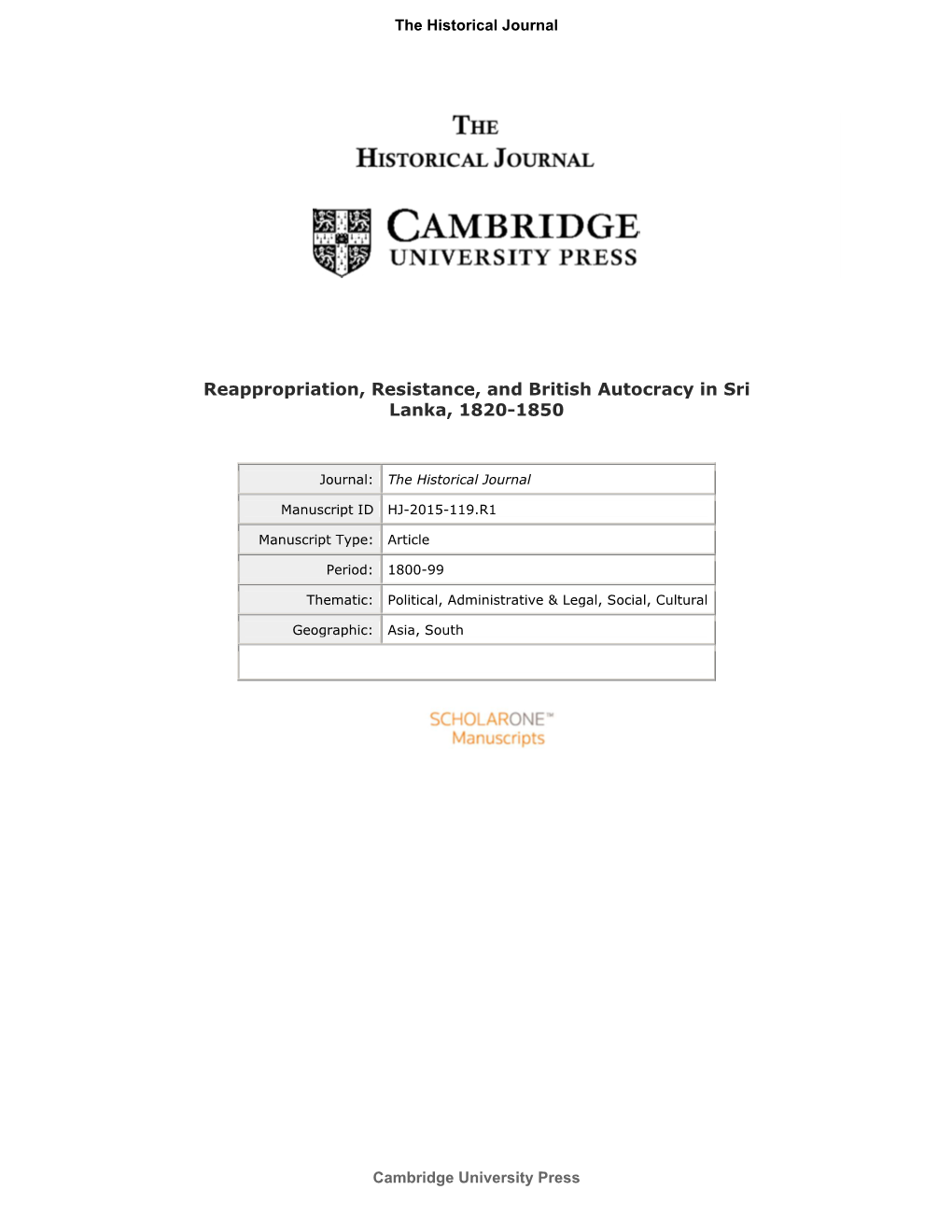 Reappropriation, Resistance, and British Autocracy in Sri Lanka, 1820-1850