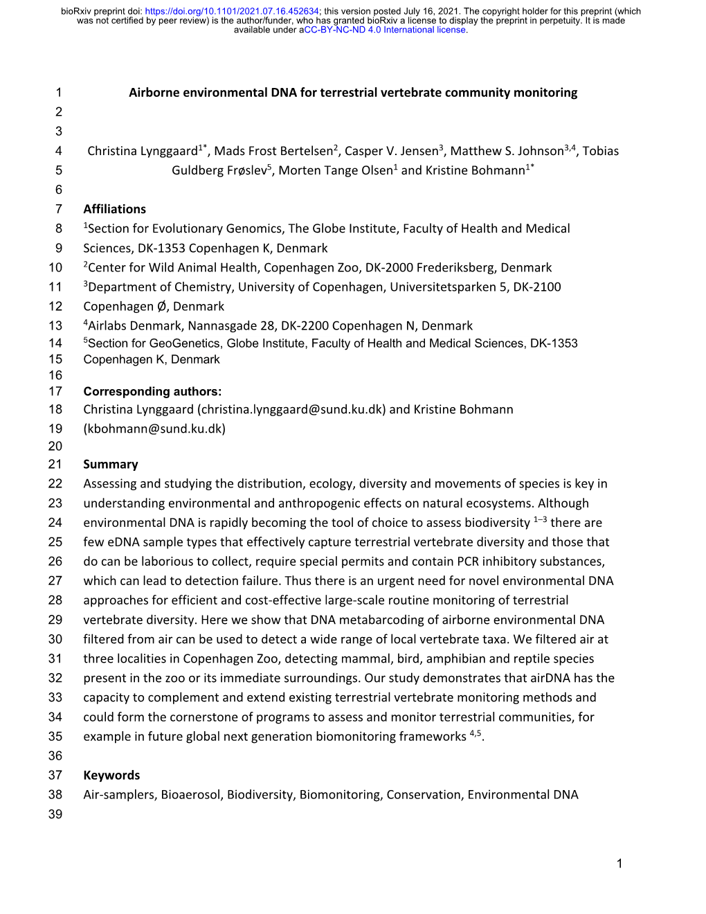 Airborne Environmental DNA for Terrestrial Vertebrate Community Monitoring 2 3 4 Christina Lynggaard1*, Mads Frost Bertelsen2, Casper V