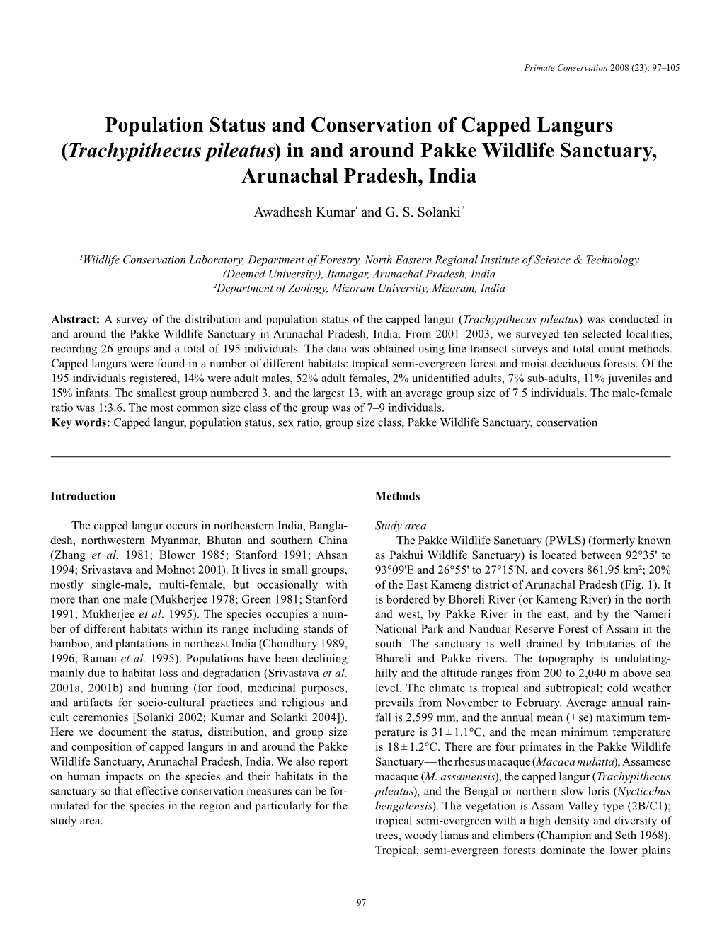 Population Status and Conservation of Capped Langurs (Trachypithecus Pileatus) in and Around Pakke Wildlife Sanctuary, Arunachal Pradesh, India