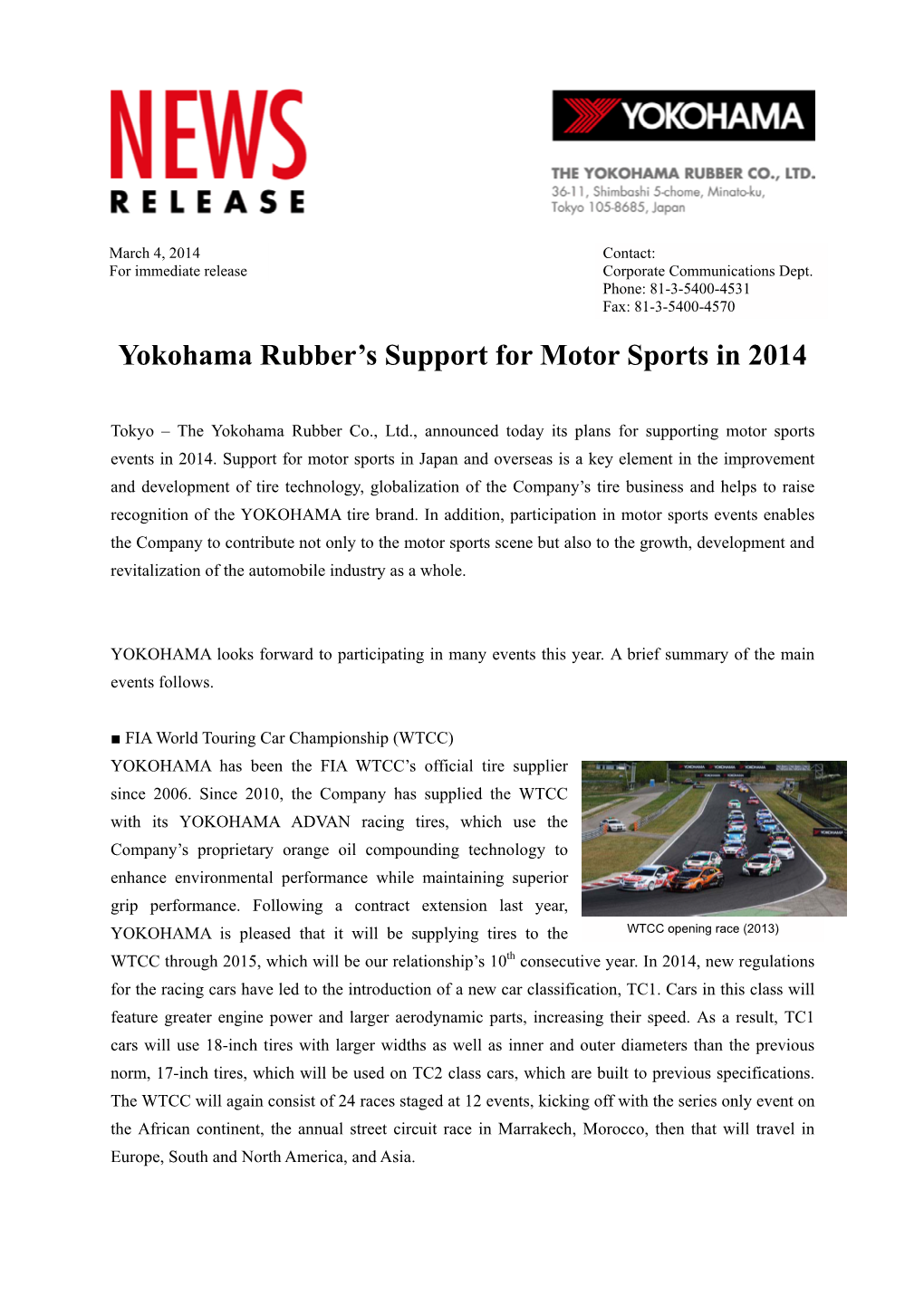 Yokohama Rubber's Support for Motor Sports in 2014