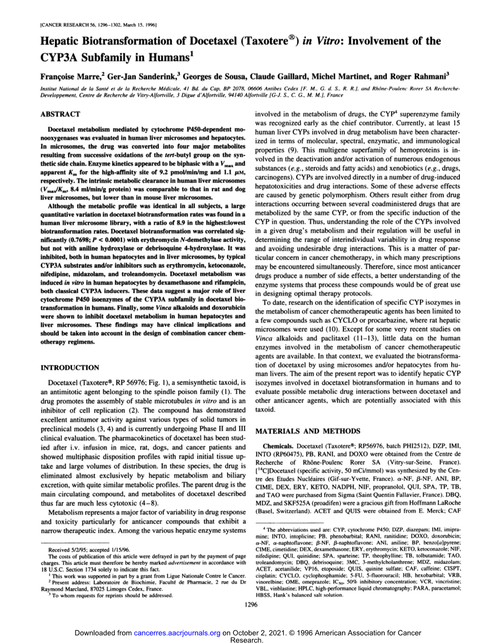 Hepatic Biotransformation of Docetaxel (Taxotereâ®)In Vitro: Involvement of the CYP3A Subfamily in Humans1