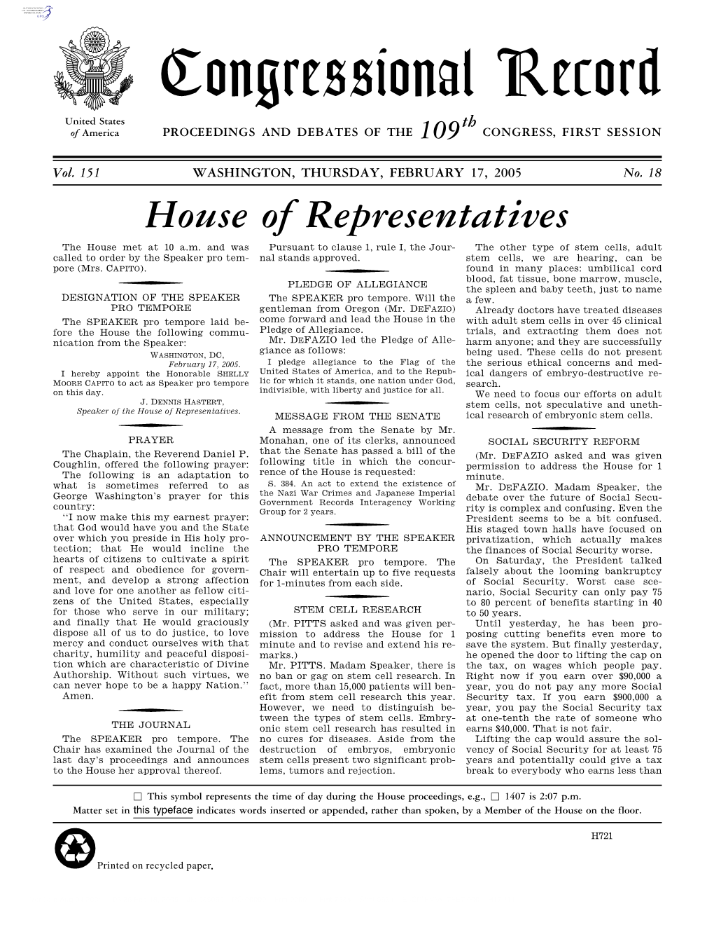 Congressional Record United States Th of America PROCEEDINGS and DEBATES of the 109 CONGRESS, FIRST SESSION