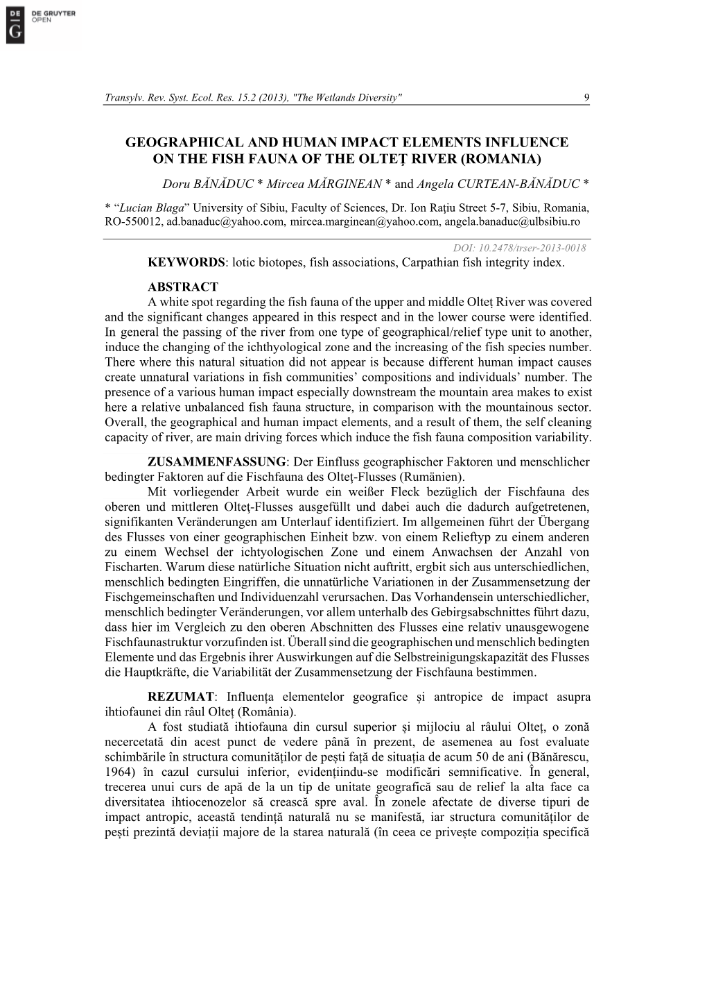 Geographical and Human Impact Elements Influence on the Fish Fauna of the Olteţ River (Romania)