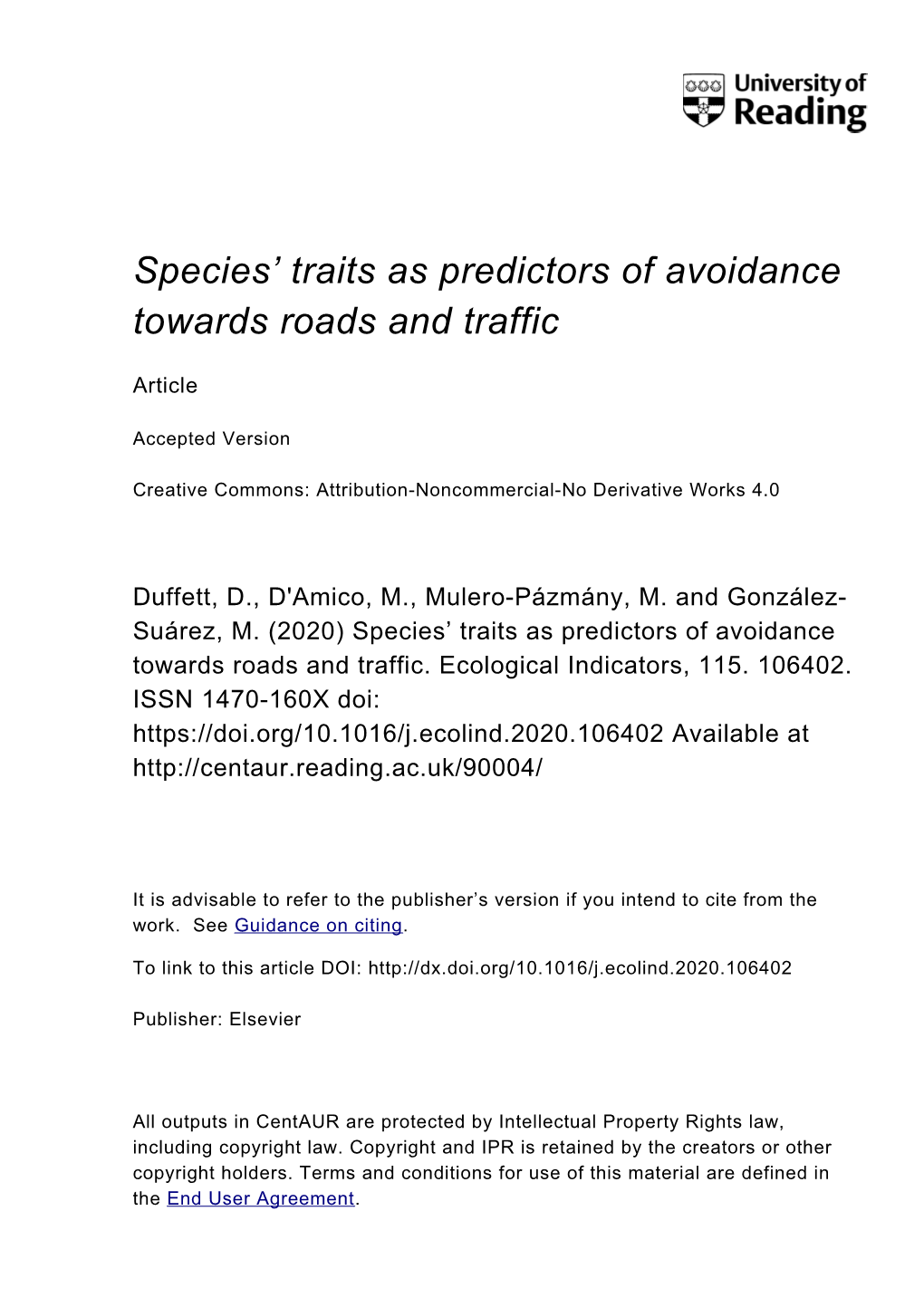 Species' Traits As Predictors of Avoidance Towards Roads and Traffic