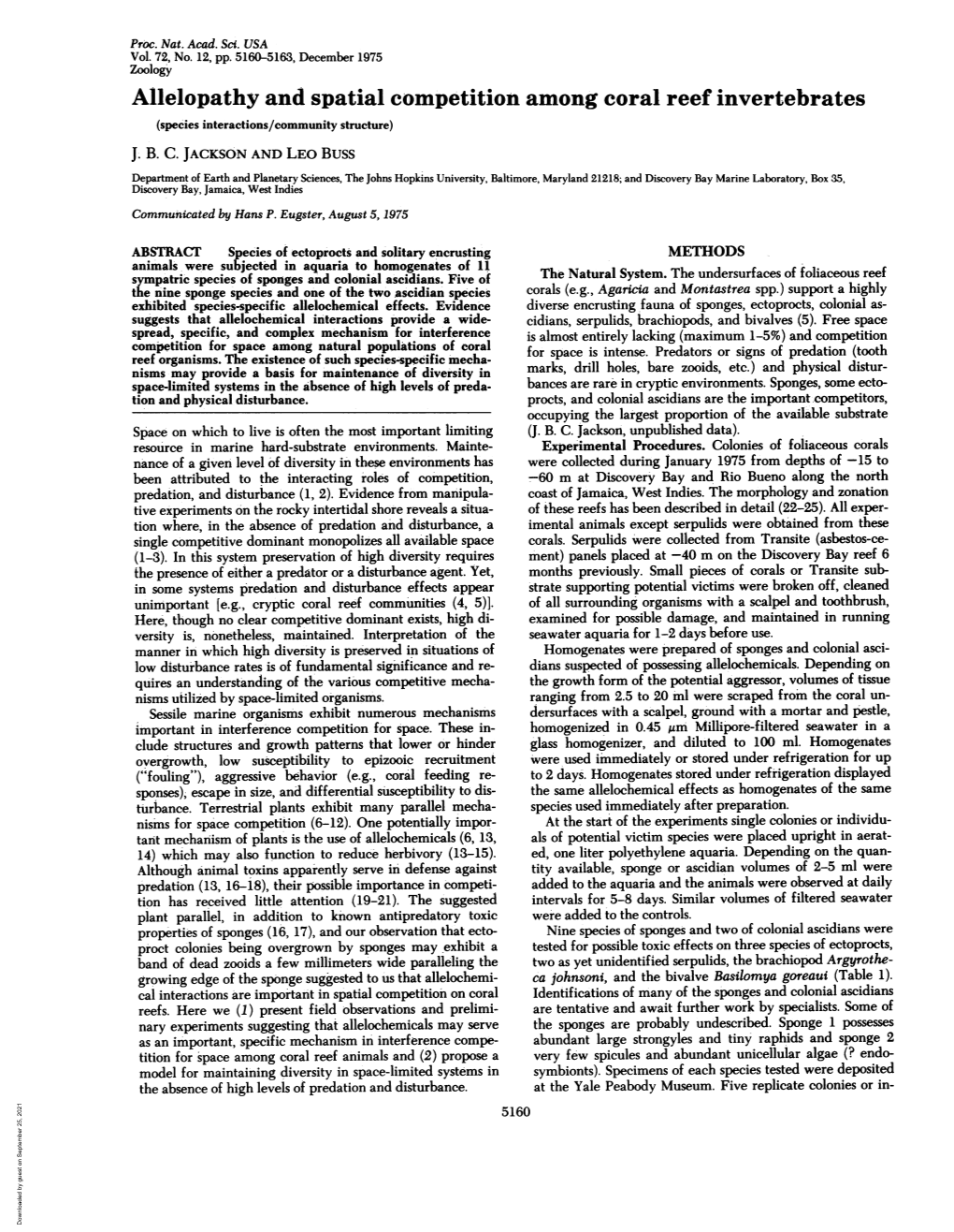 Allelopathy and Spatial Competition Among Coral Reef Invertebrates (Species Interactions/Community Structure) J