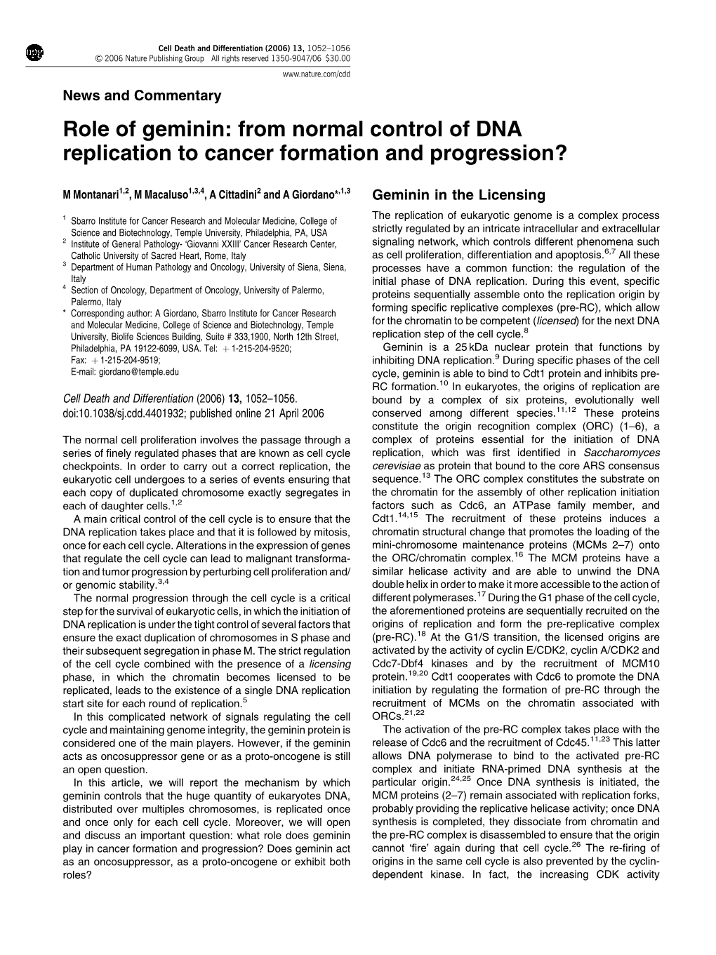 Role of Geminin: from Normal Control of DNA Replication to Cancer Formation and Progression?