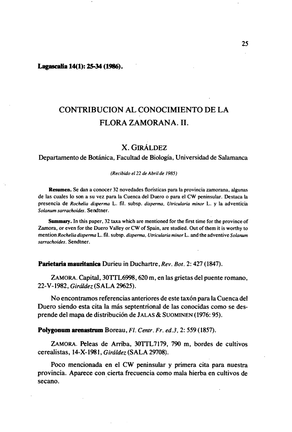 Contribucion Al Conocimiento De La Flora Zamorana. Ii