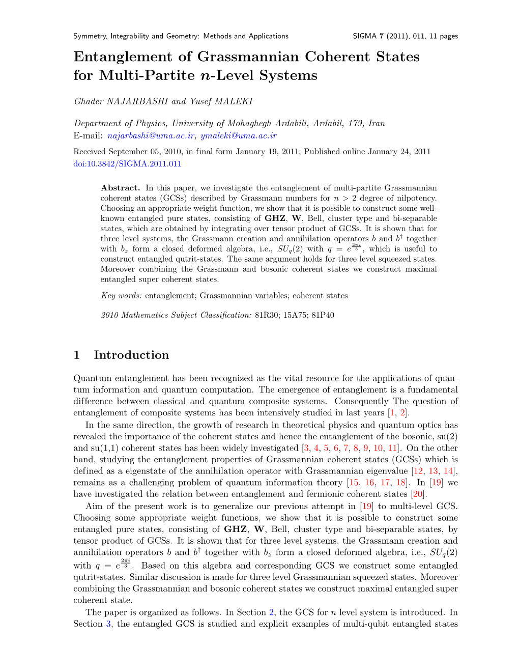 Entanglement of Grassmannian Coherent States for Multi-Partite N-Level Systems