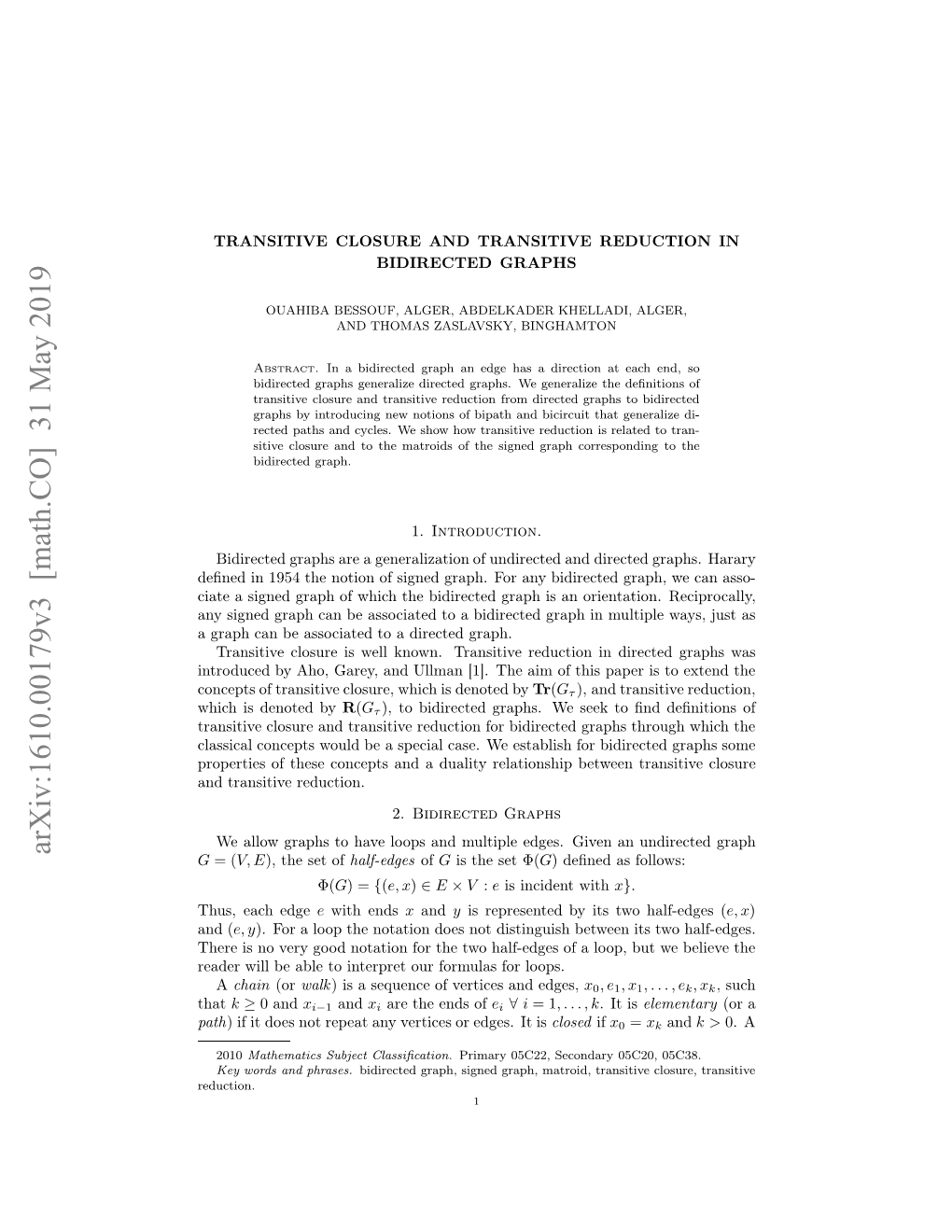 Transitive Closure and Transitive Reduction in Bidirected Graphs 3 Where X, X1,...,Y Are Vertices and E1,E2