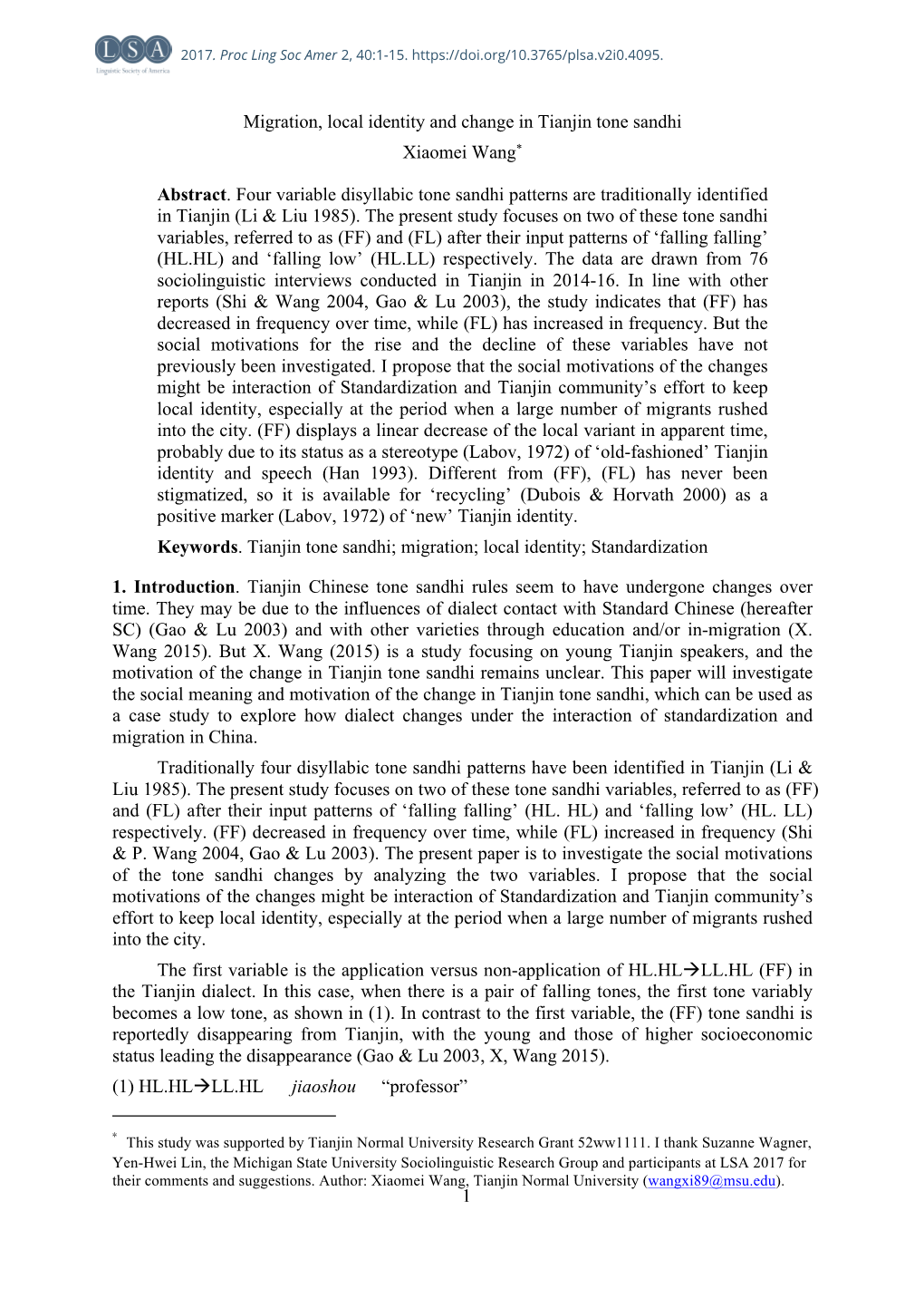 1 Migration, Local Identity and Change in Tianjin Tone Sandhi Xiaomei